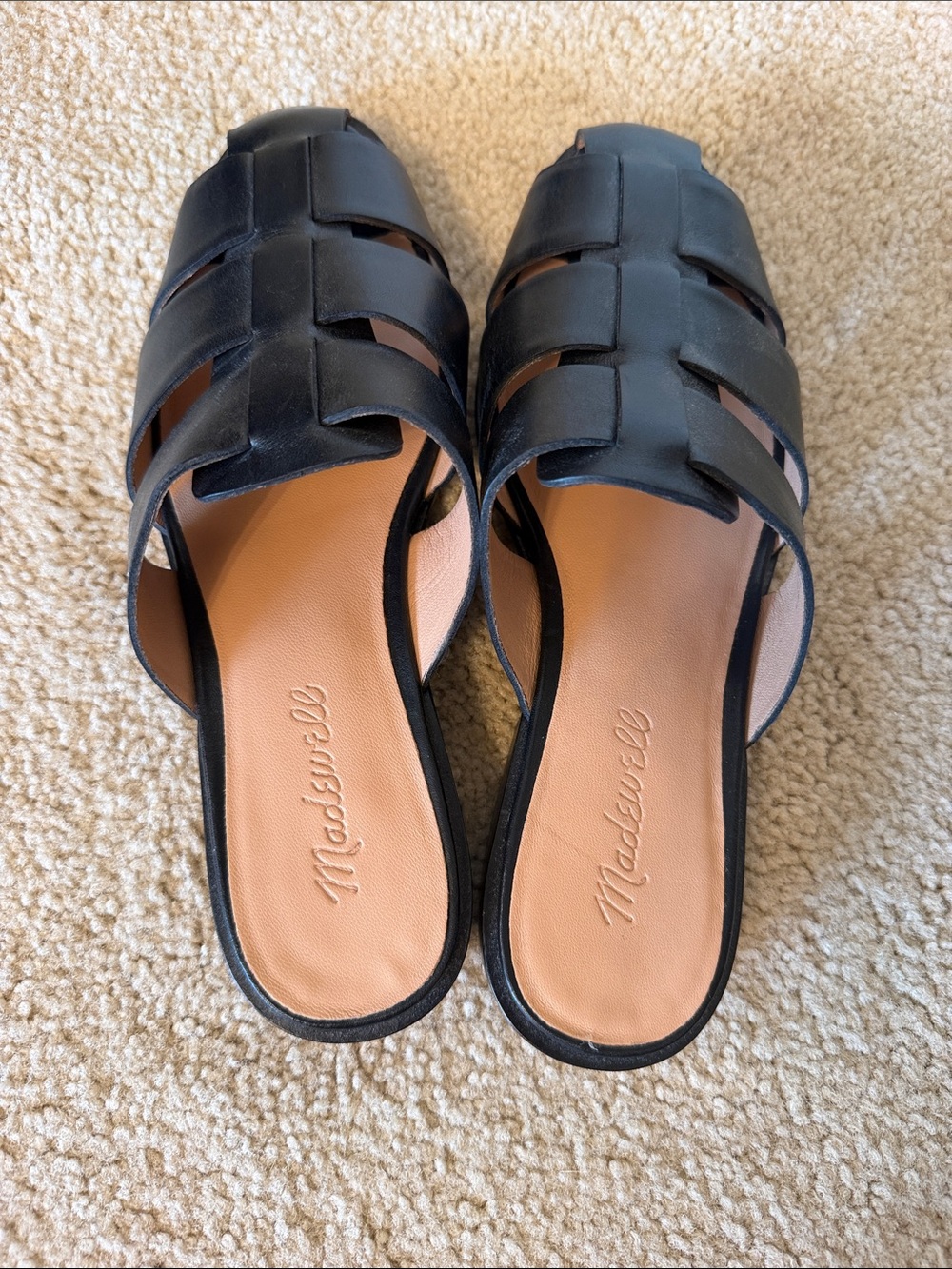 Madewell Black Leather Woven Slide Mules size 7